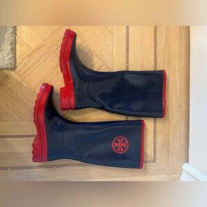 Tory Burch Rain Boots Navy and Red